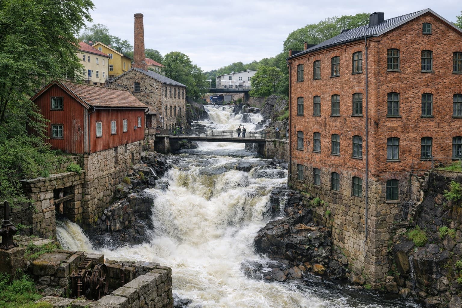 Mölndals Kvarnby med fors, bro och historisk industrimiljö